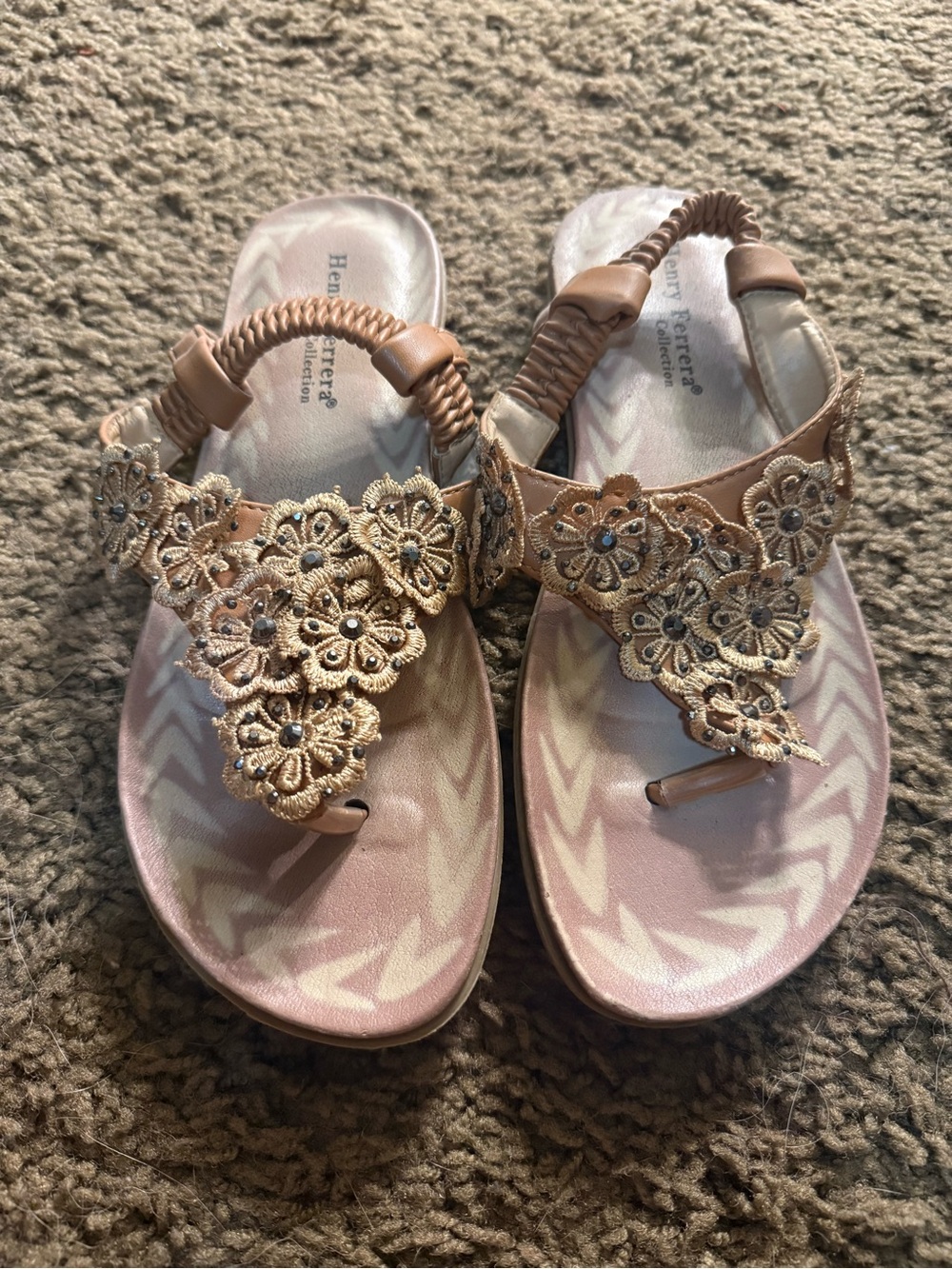Henry Ferrera Pink and Tan Floral Embellished Women's Sandals